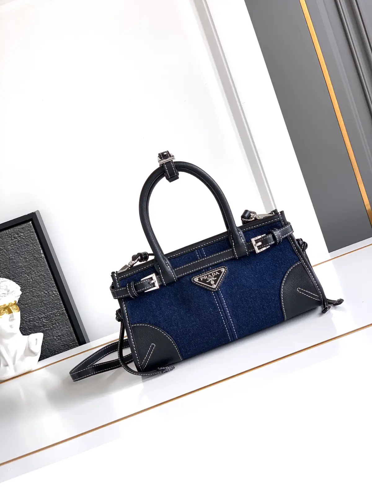Prada Denim and Leather Mini Top Handle Crossbody Bag image 1
