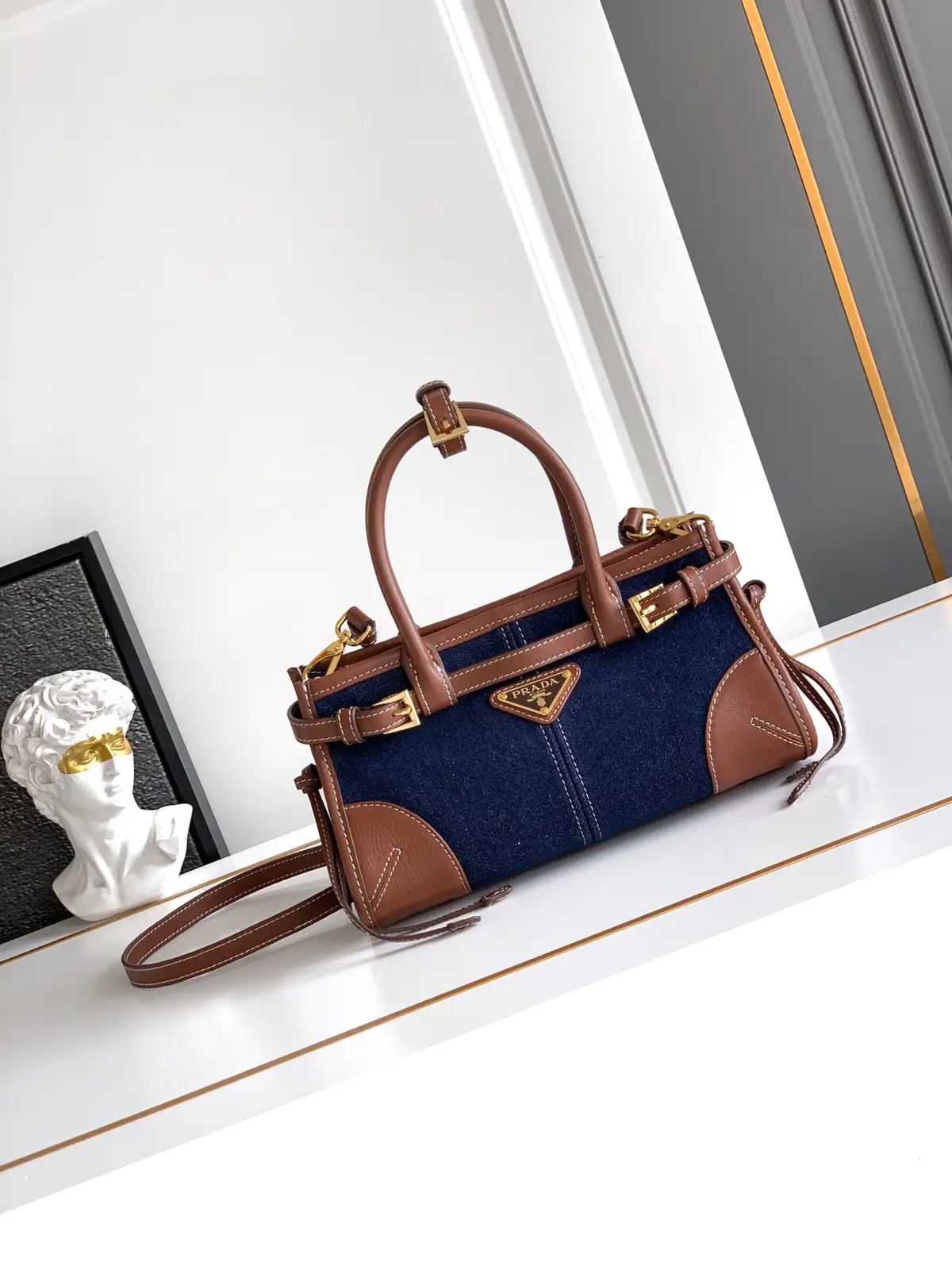 Prada Denim and Leather Mini Top Handle Crossbody Bag image 1