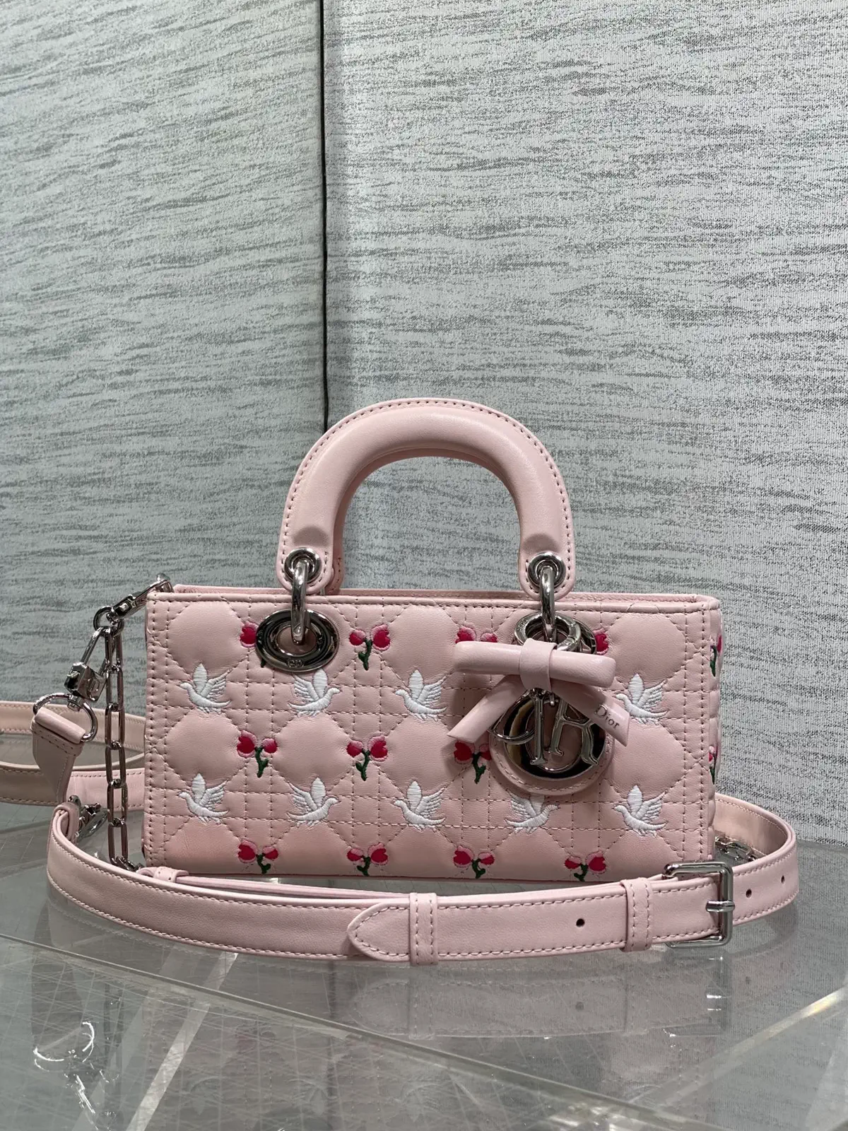 Dior D-Joy Small Quilted Top Handle Bag with Dove and Tulip Embroidery image 1