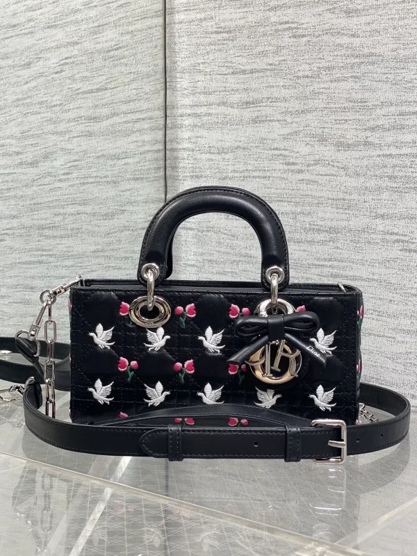 Dior Black Dove and Tulip Embroidered Quilted Top Handle Bag image 1