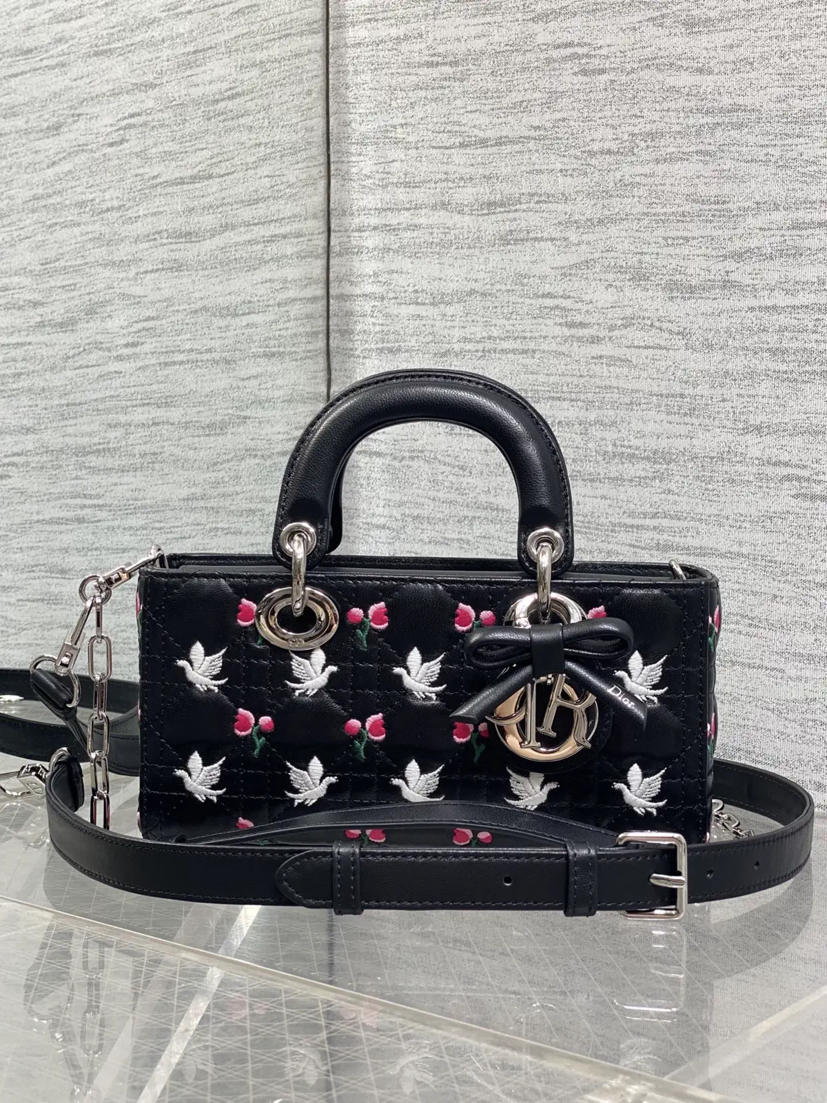 Dior Black Dove and Tulip Embroidered Quilted Top Handle Bag image 1