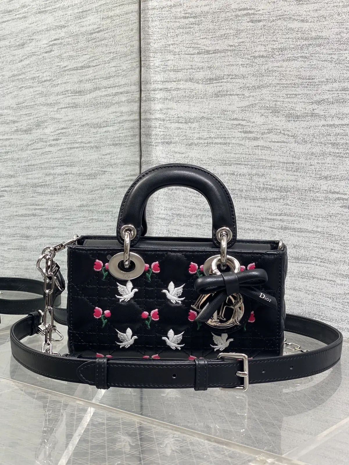 Dior D-Joy Mini Quilted Top Handle Bag with Dove and Tulip Embroidery image 1