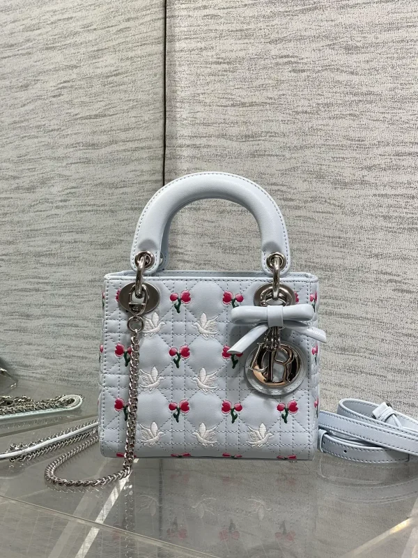 Dior Light Blue Quilted Embroidered Top Handle Bag image 1