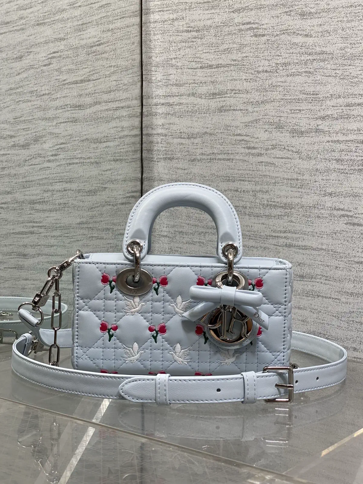 Dior Light Blue Quilted Mini Top Handle Bag with Dove and Tulip Embroidery image 1