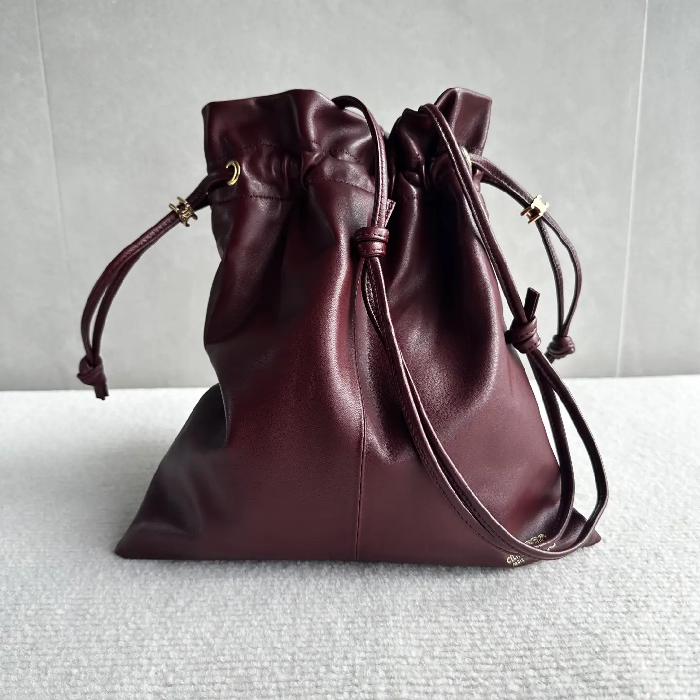 CELINE Burgundy Leather Drawstring Bucket Bag image 1