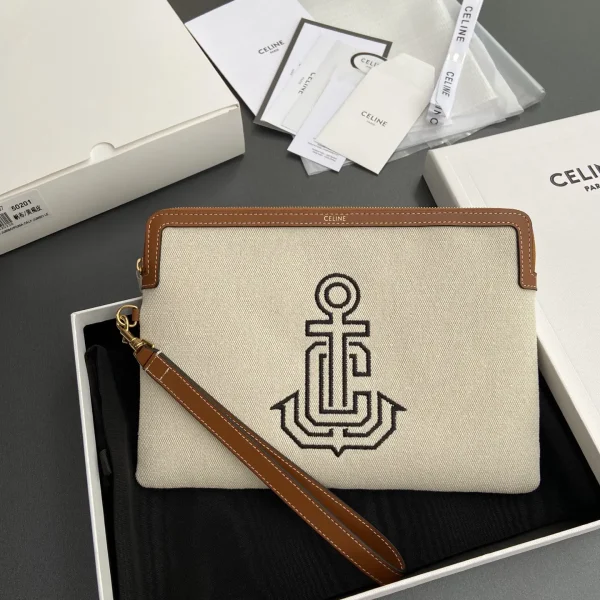 CELINE Anchor Embroidered Canvas Clutch with Leather Trim image 1
