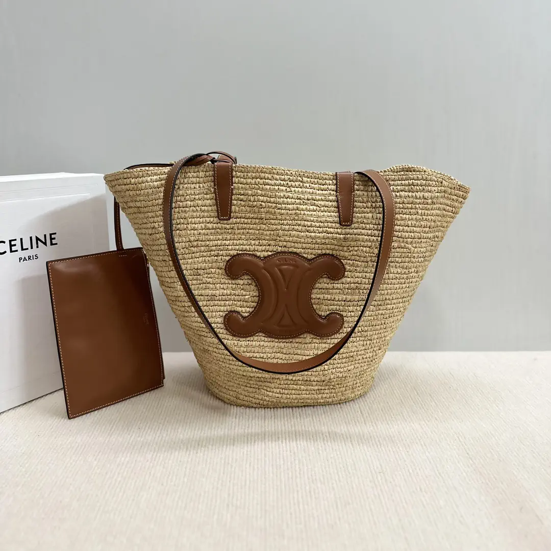 CELINE Woven Straw Tote Bag with Leather Trim image 1