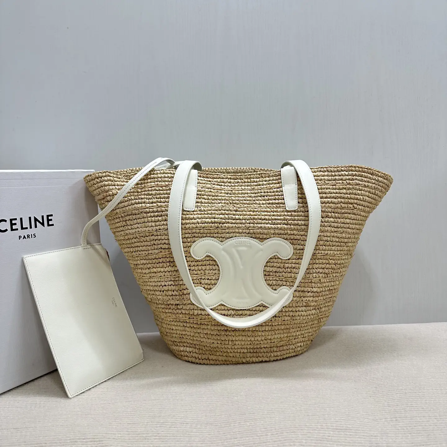 CELINE Woven Straw Tote Bag with Leather Trim image 1