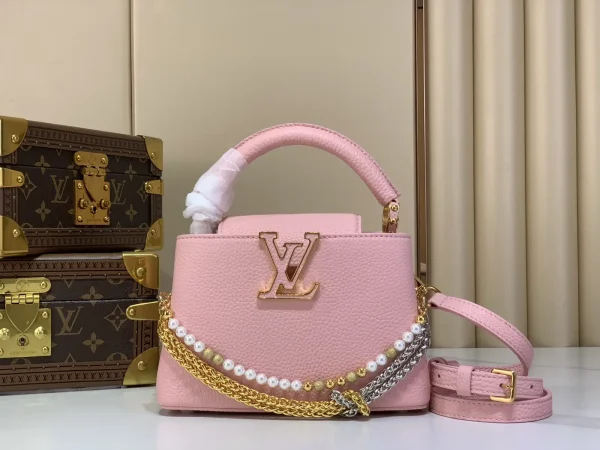 Louis Vuitton Capucines Mini Pink Leather Bag with Pearl Chain Detail image 1