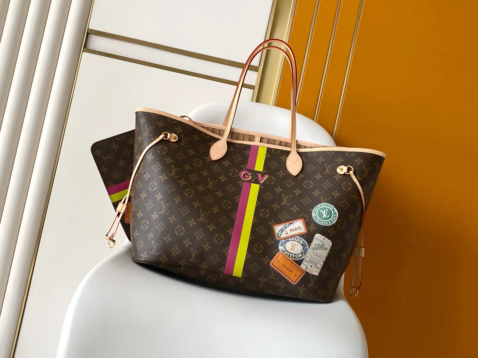 Louis Vuitton Monogram Canvas Neverfull GM Tote Bag with Stickers and Stripes image 1