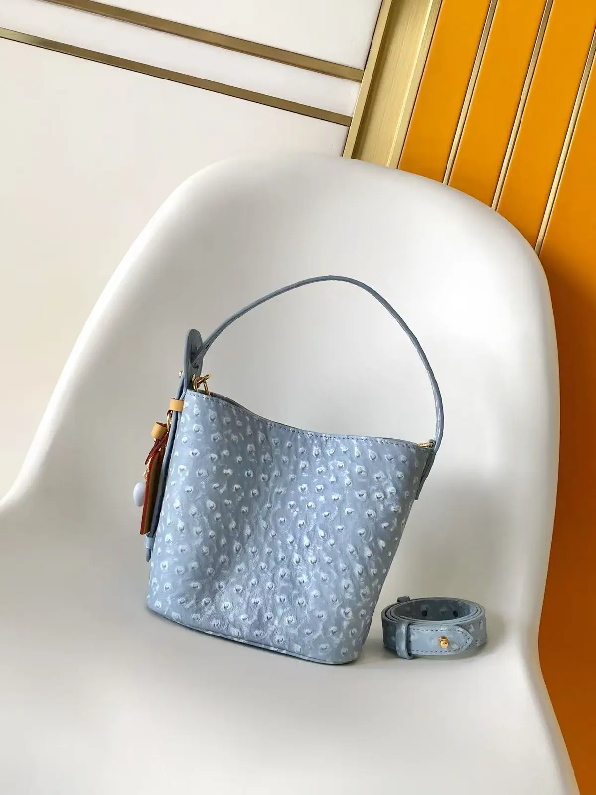 Louis Vuitton Light Blue Ostrich-Embossed Bucket Bag image 1