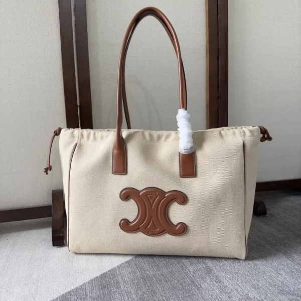 CELINE Beige Canvas Drawstring Tote Bag with Triomphe Logo image 1