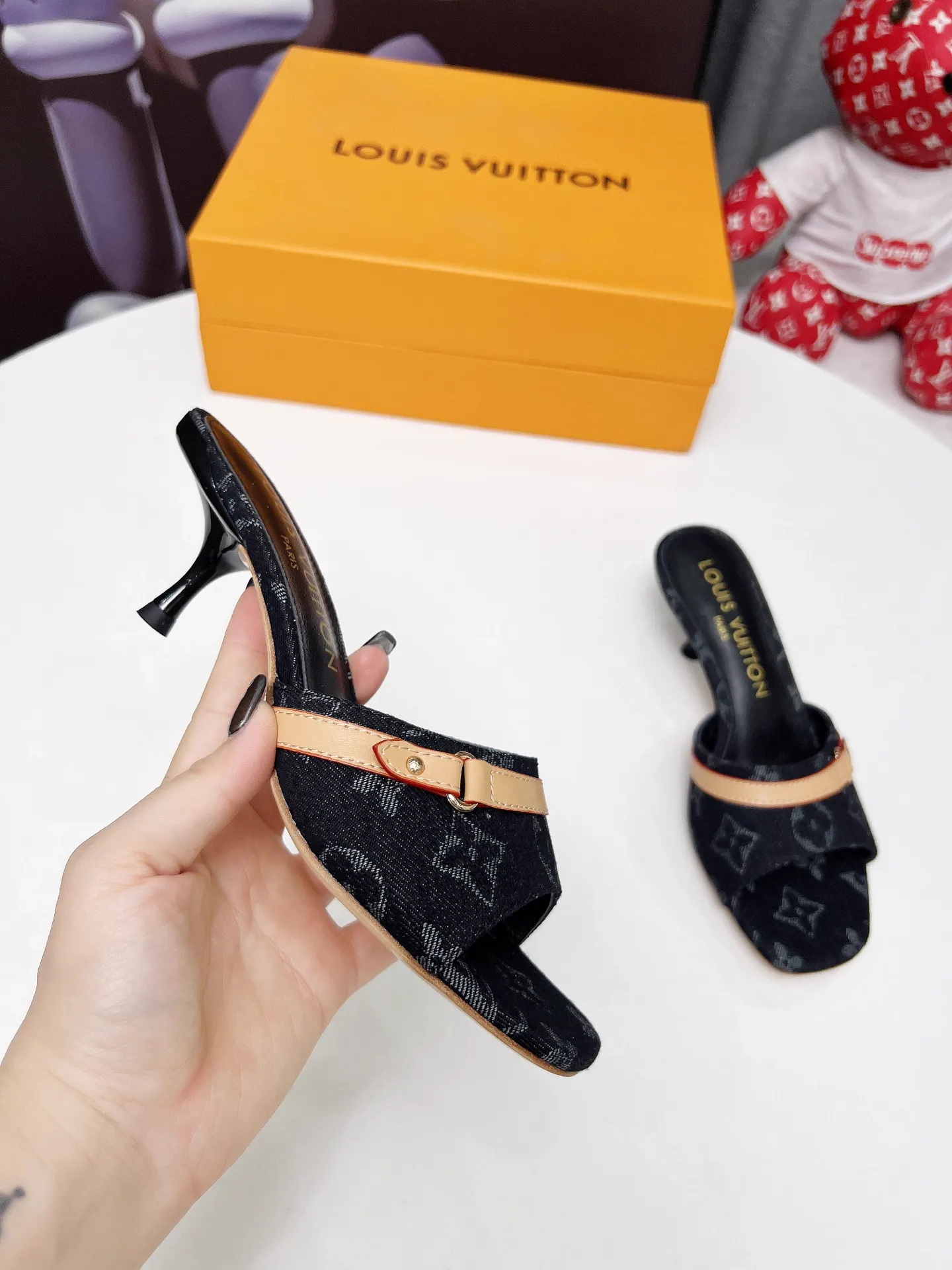 LV Denim Kitten Heel Slides Summer 2025 image 1