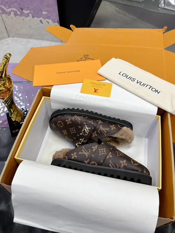 LV Monogram Leather Fur Slippers image 1