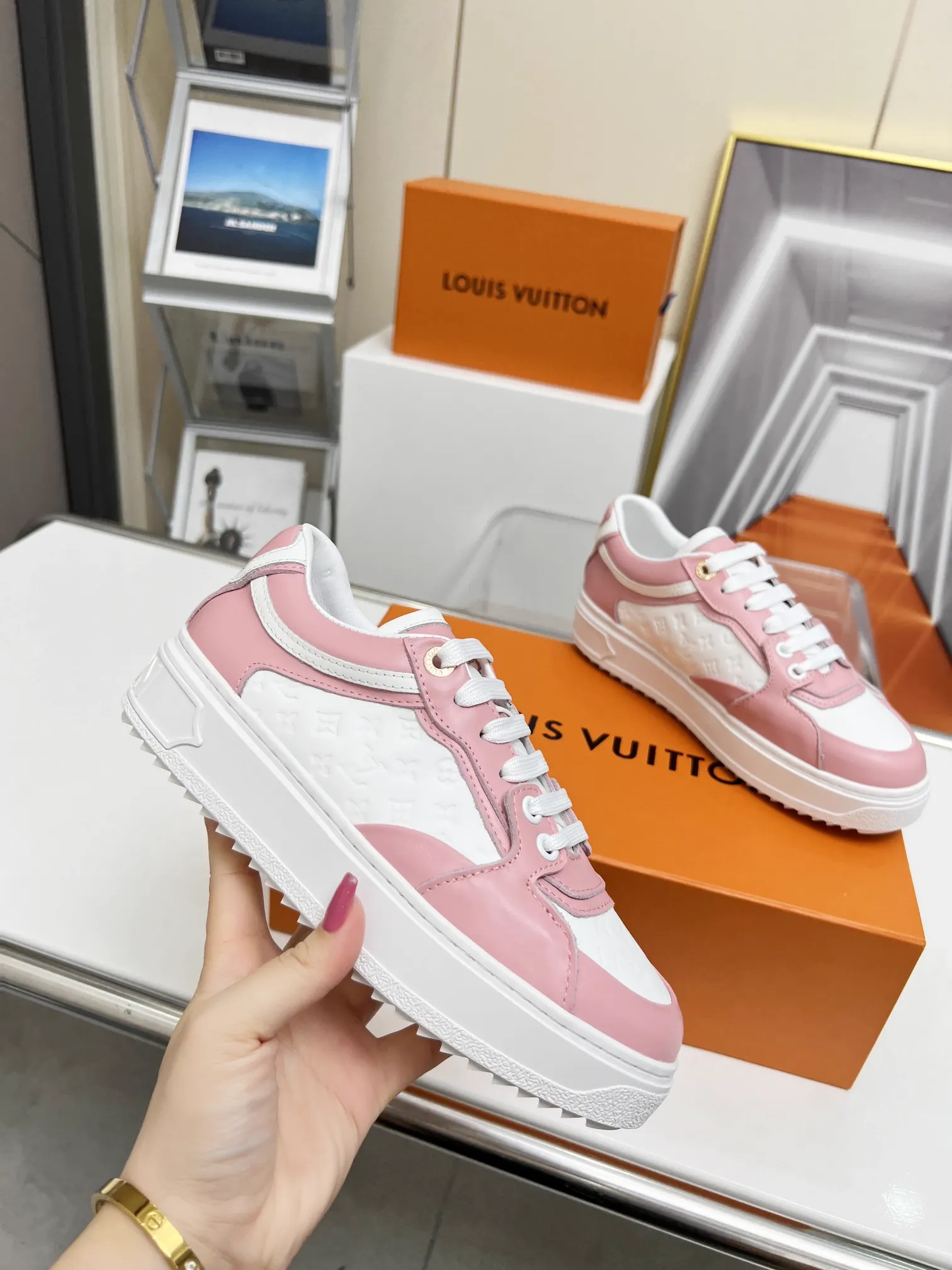 Louis Vuitton Time Out White Sneakers Patchwork Suede Calf Leather and Monogram Embossed Calf Leather image 1