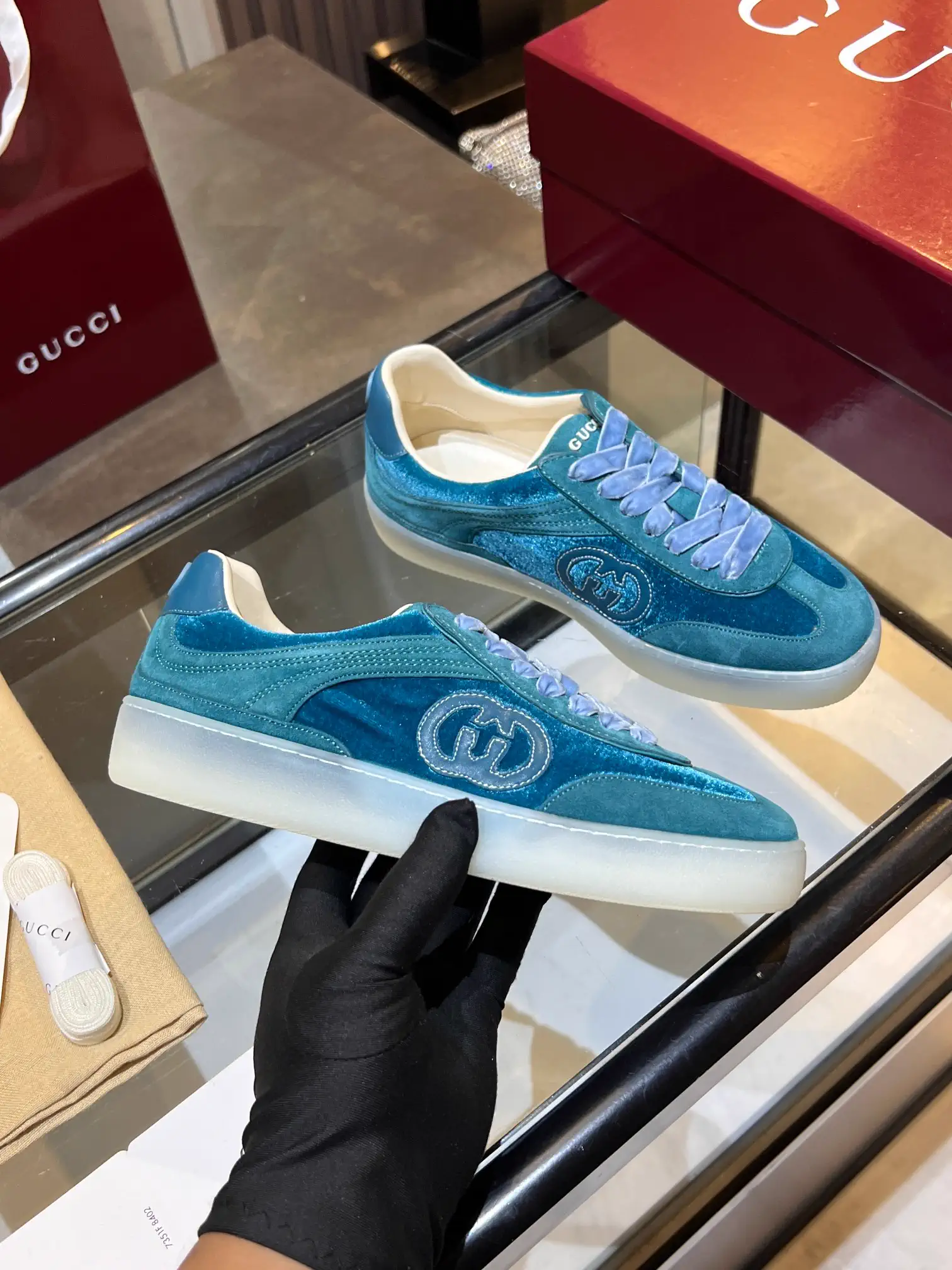 Gucci Blue Velvet Low-Top Sneakers image 1