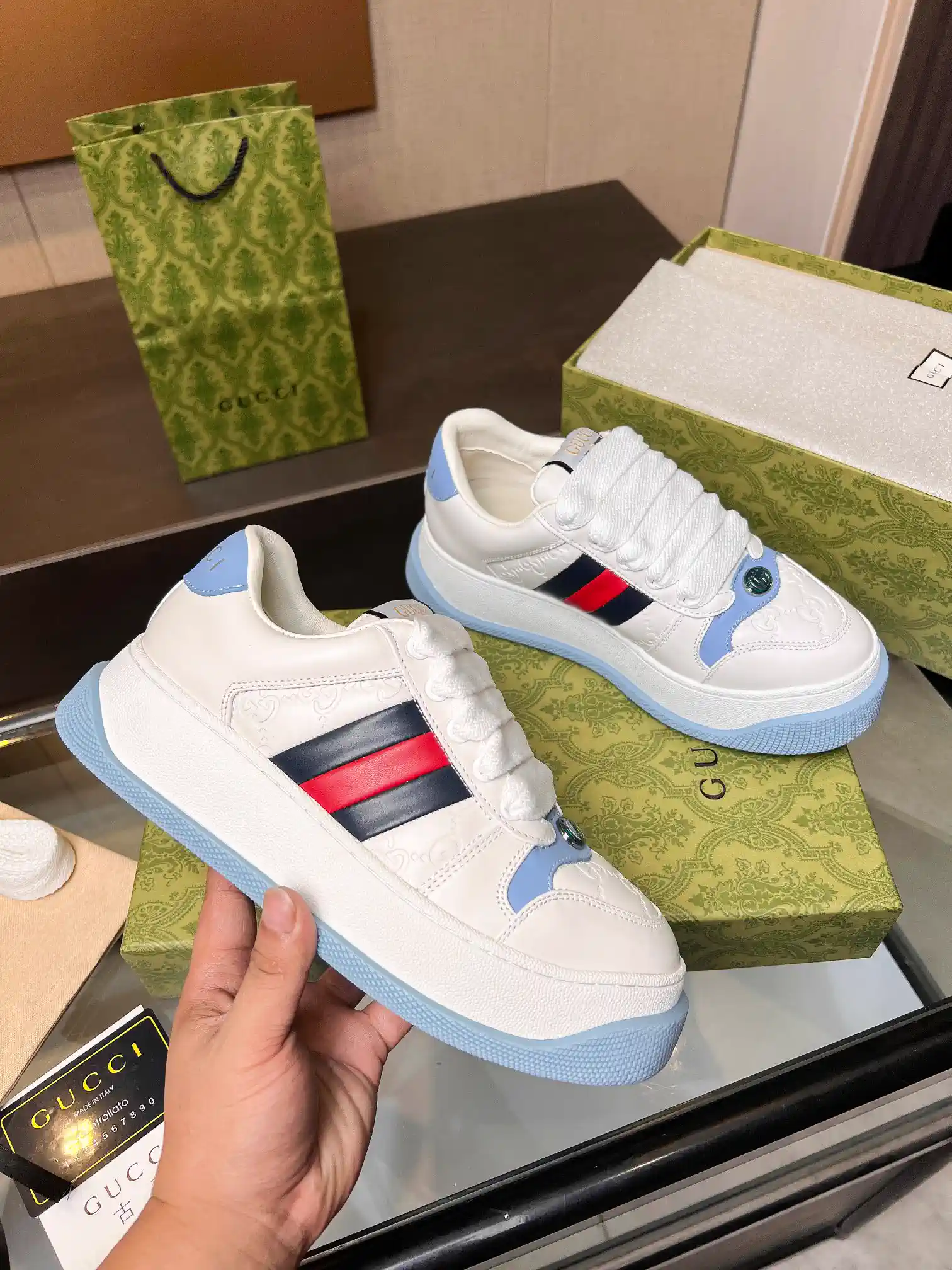 GG Canvas Sneakers with Web Stripe and Light Blue Accents image 1