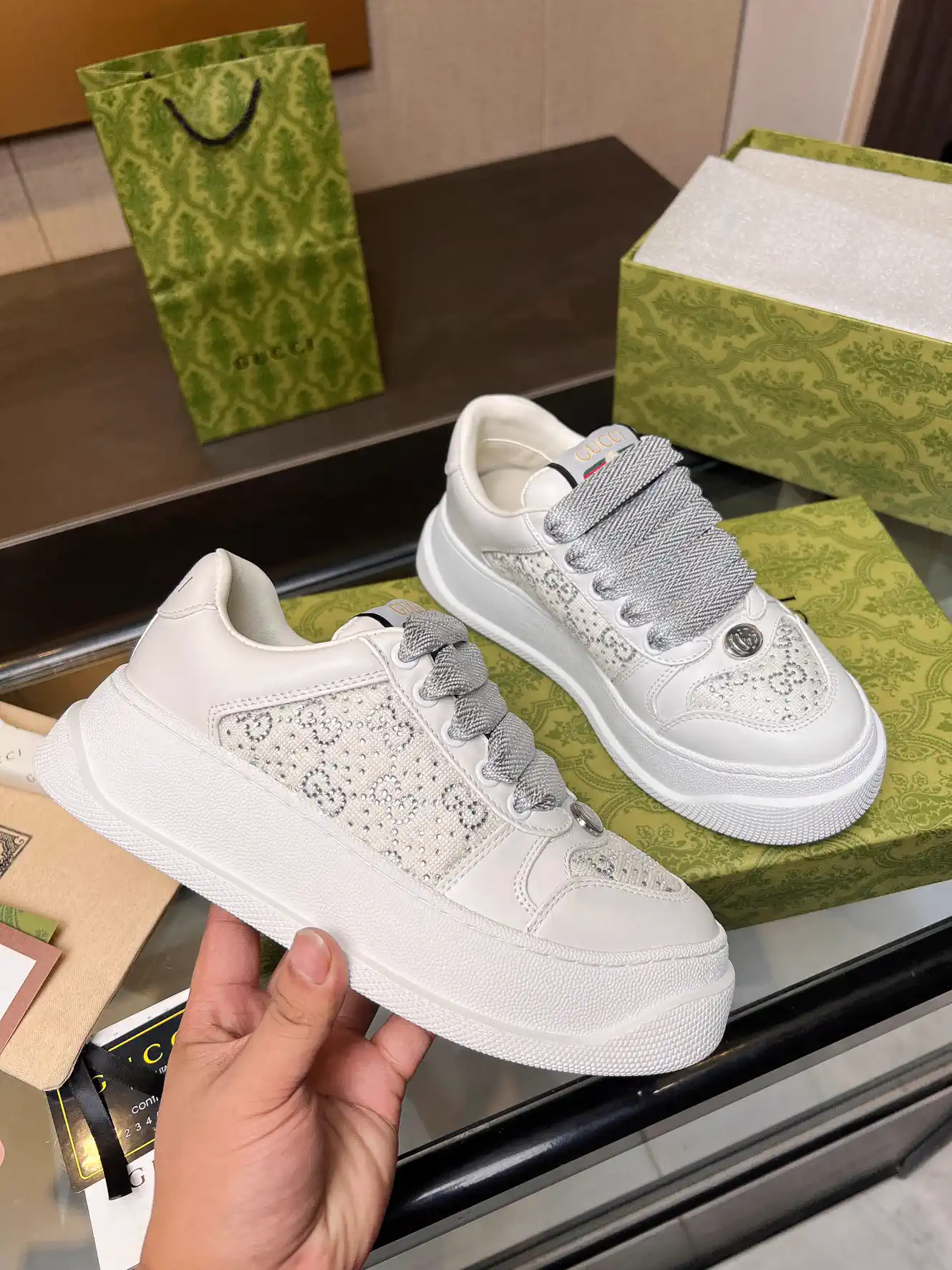 Gucci GG Canvas Sneakers with Purple Leather Details image 1