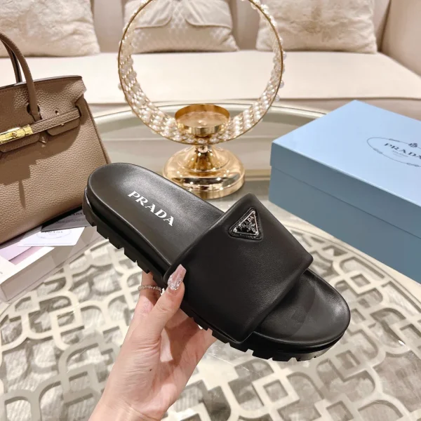 Prada Triangle Logo Sheepskin Slides image 1