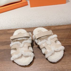 Hermès Classic Couple Style Autumn Winter Wool and Leather Slippers image 1