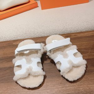 Hermes Classic Unisex Autumn Winter Full Leather Wool Slippers image 1