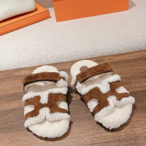 Hermès Classic Unisex Autumn Winter Wool Leather Slippers image 1