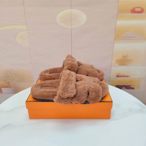 Hermes Classic Unisex Autumn Winter Leather Wool Slippers image 1