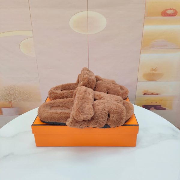 Hermes Classic Unisex Autumn Winter Leather Wool Slippers image 1