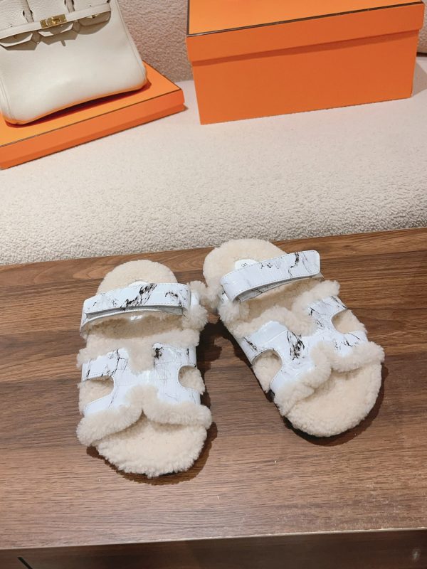 Hermès Classic Couple-Style Genuine Leather Wool Slides image 1