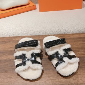 Hermès Classic Autumn Winter Genuine Leather Wool Slippers image 1