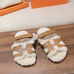Hermès Classic Unisex Autumn Winter Genuine Leather Wool Mule Slides image 1