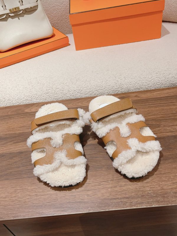 Hermès Classic Unisex Autumn Winter Genuine Leather Wool Mule Slides image 1