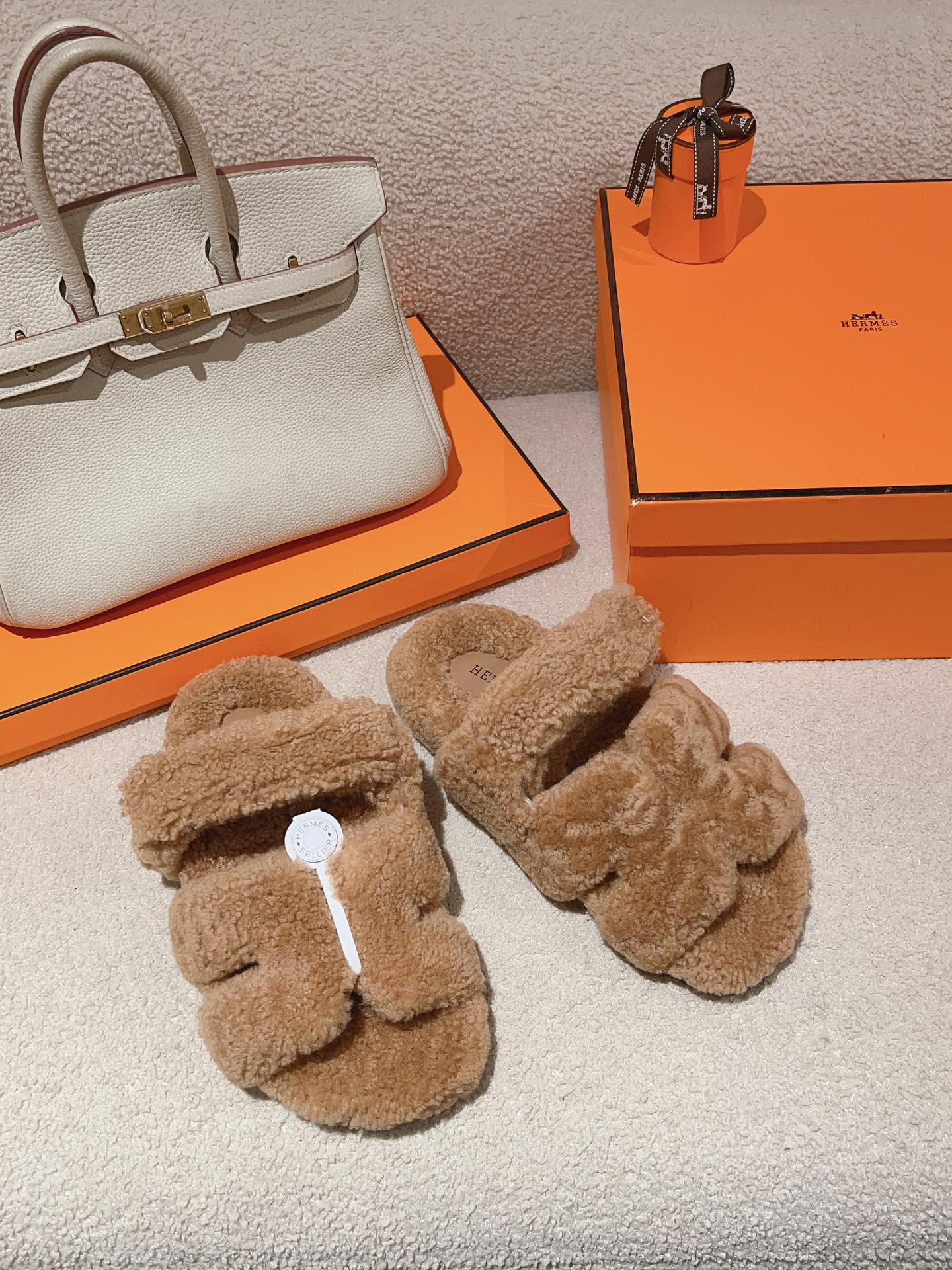 Hermès Classic Uncle Slippers Couple Style Autumn Winter Wool Genuine Leather Slippers image 1