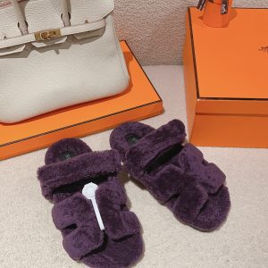 Hermès Classic Unisex Genuine Leather Shearling Wool Slides image 1
