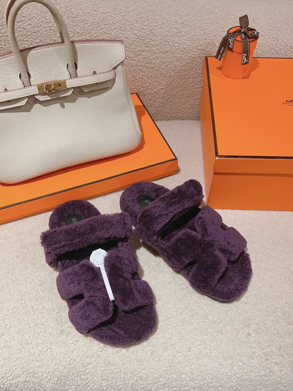 Hermès Classic Unisex Genuine Leather Shearling Wool Slides image 1