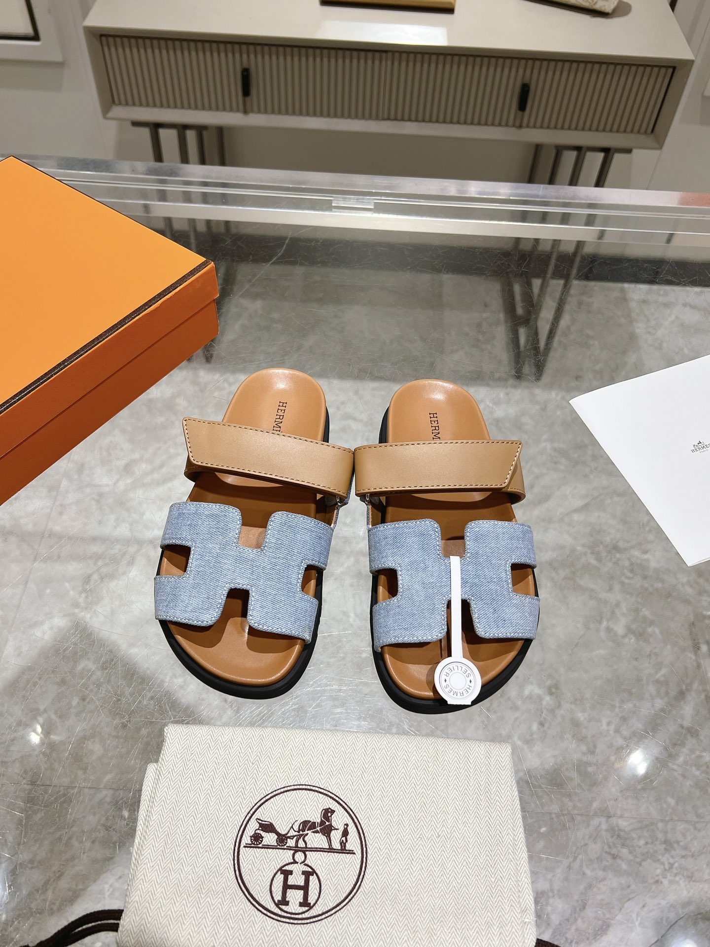 Ancone Denim Series Genuine Leather Platform Slides image 1