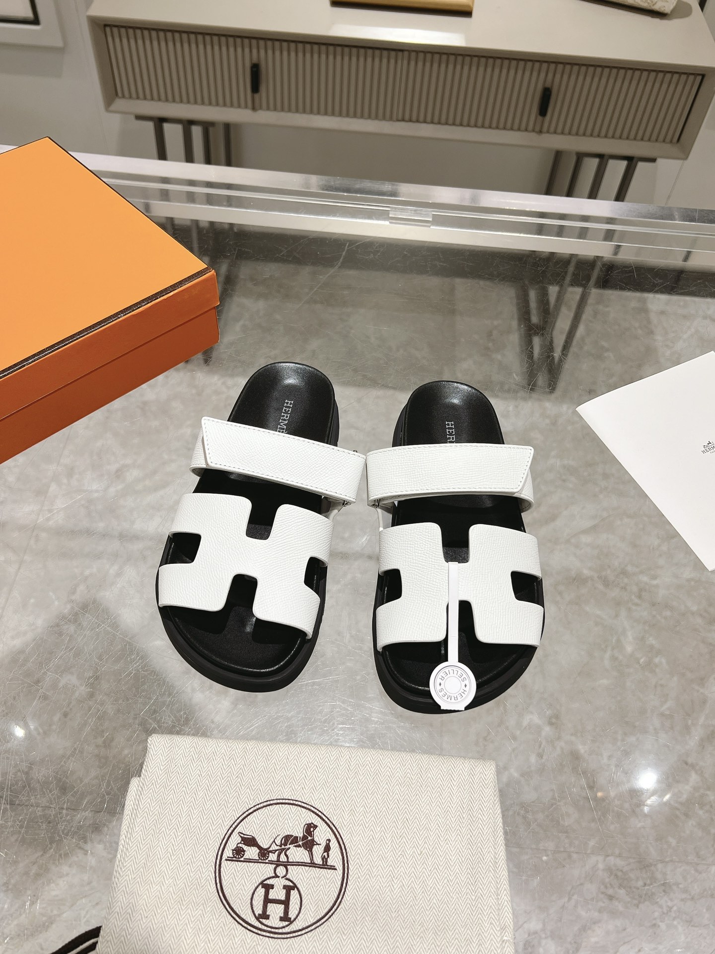 Herme* Ancone Genuine Leather Palm Grain Slide Sandals image 1
