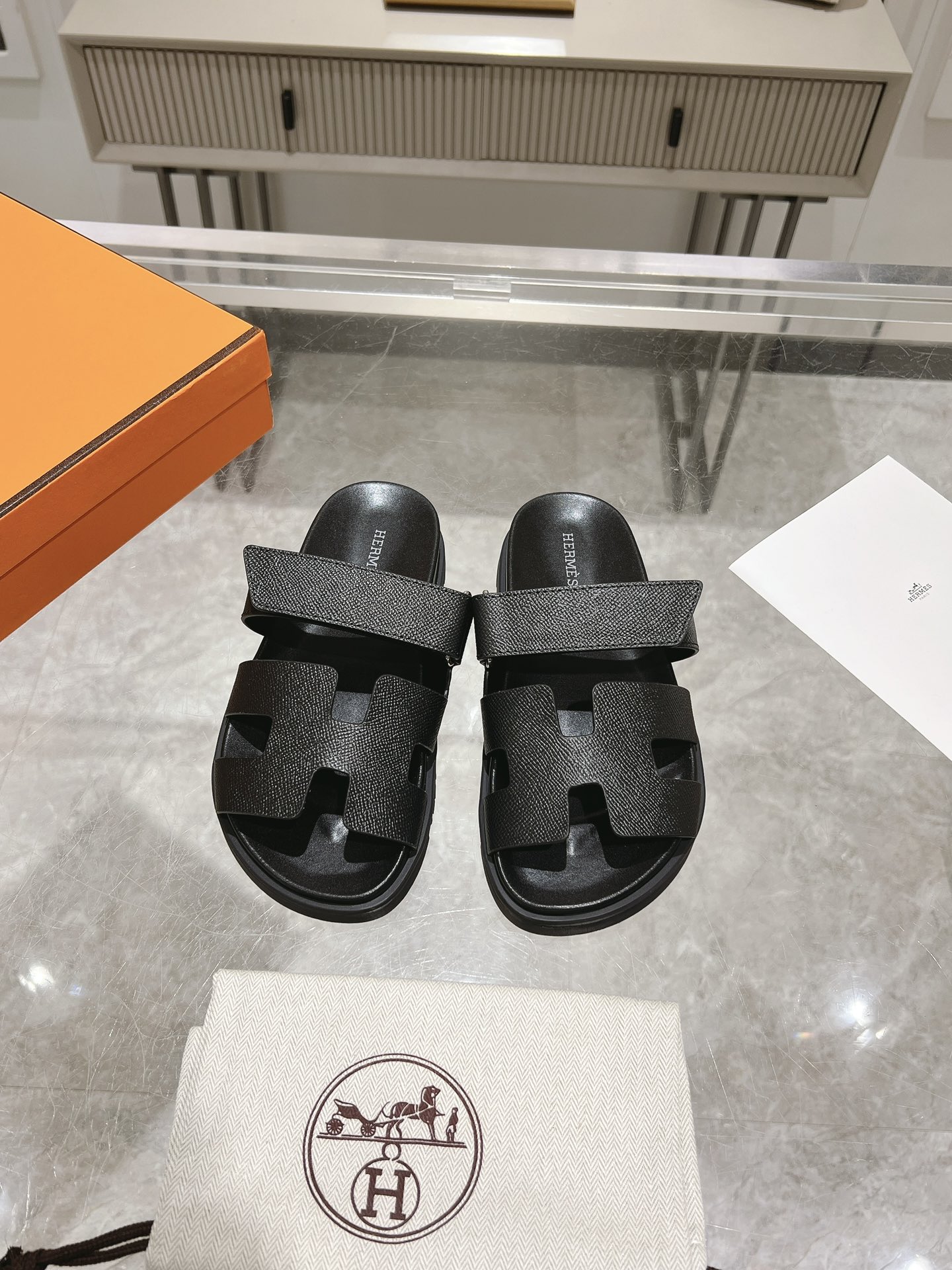 Herme* Ancone Unisex Palm Grain Leather Slides image 1