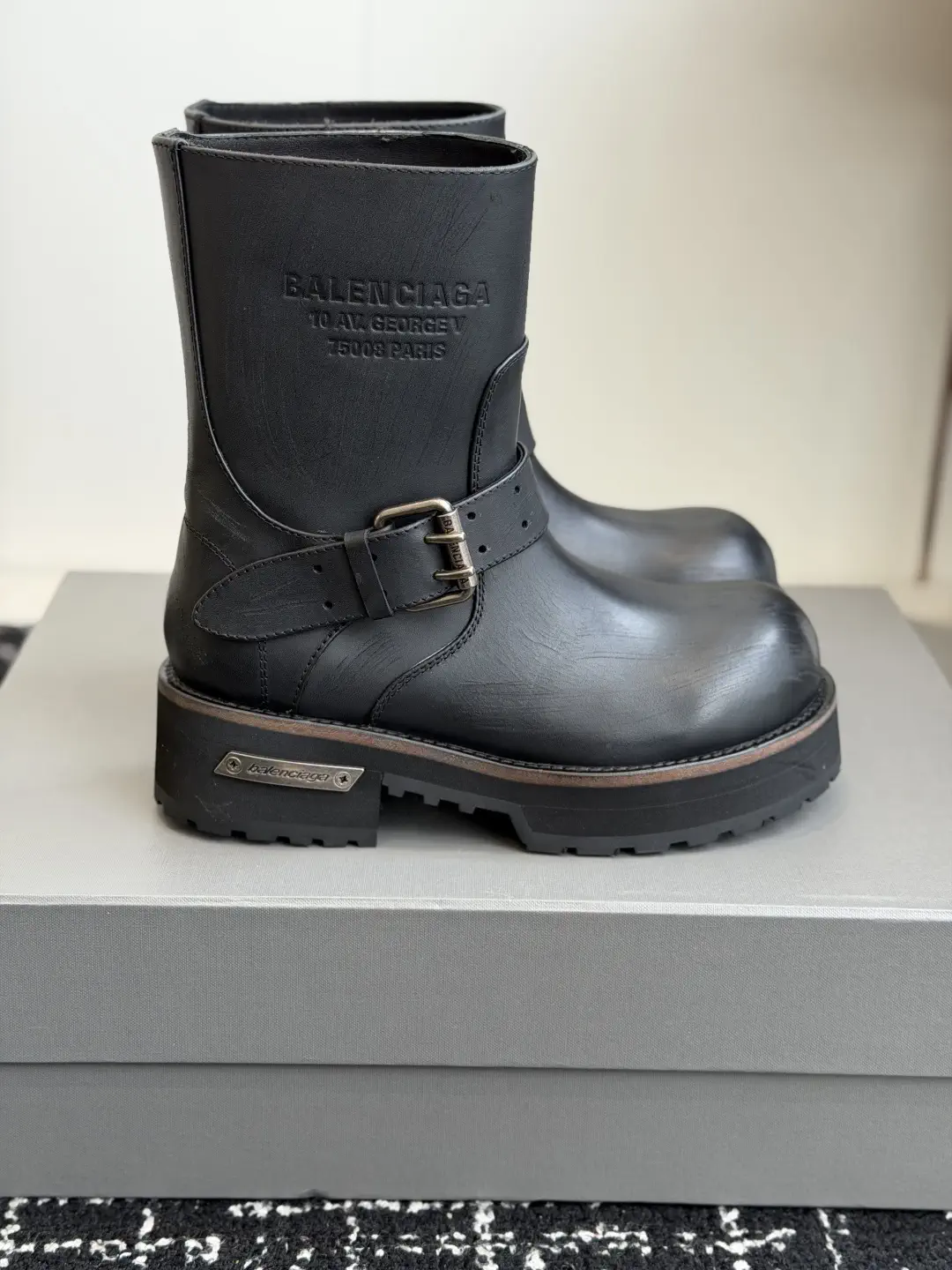 Balenciaga Distressed Leather Ankle Boots with Buckle image 1