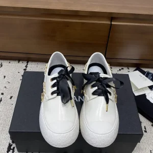 White Lace-Up Casual Flats with Chain Details image 1