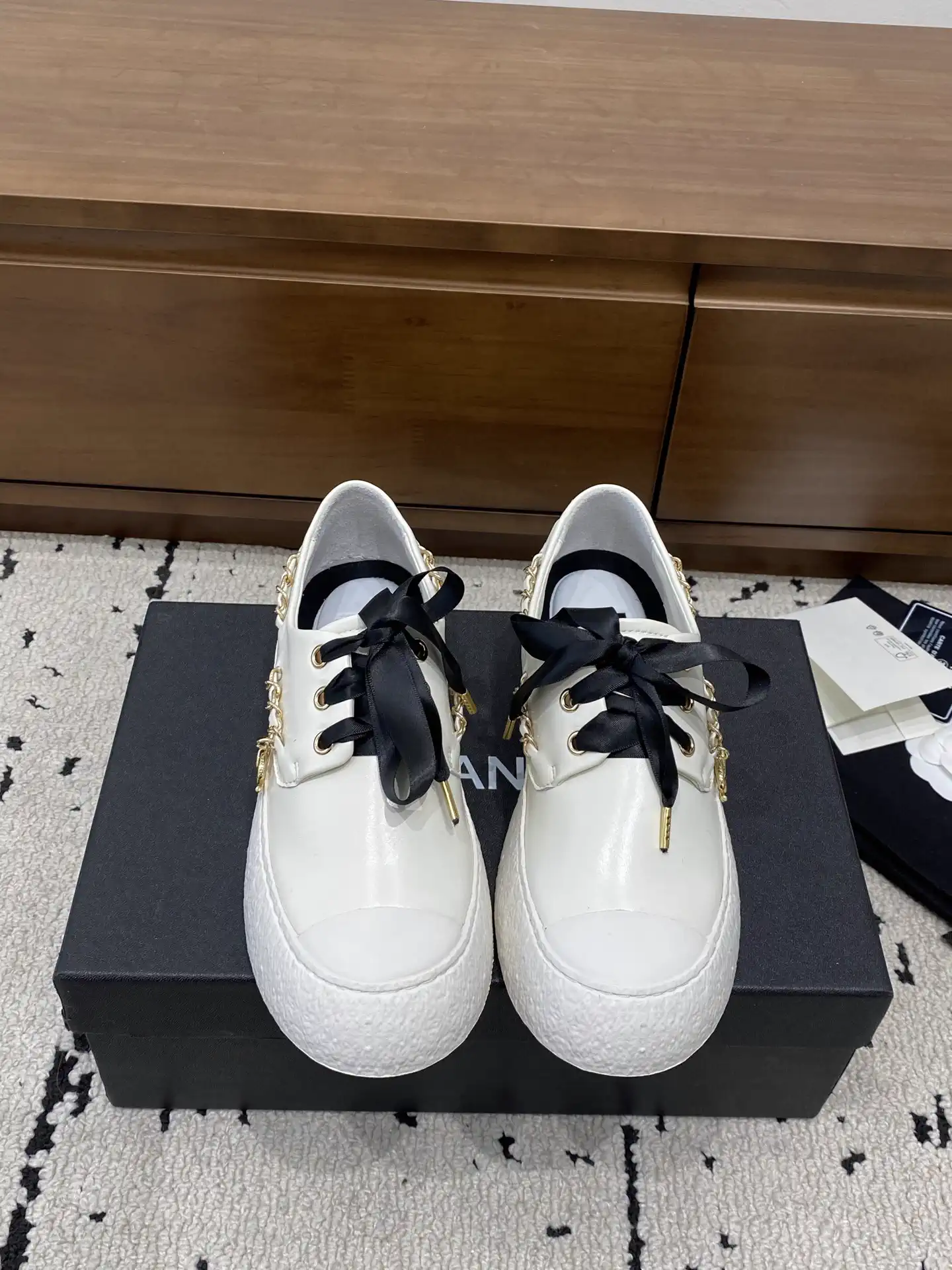 White Lace-Up Casual Flats with Chain Details image 1