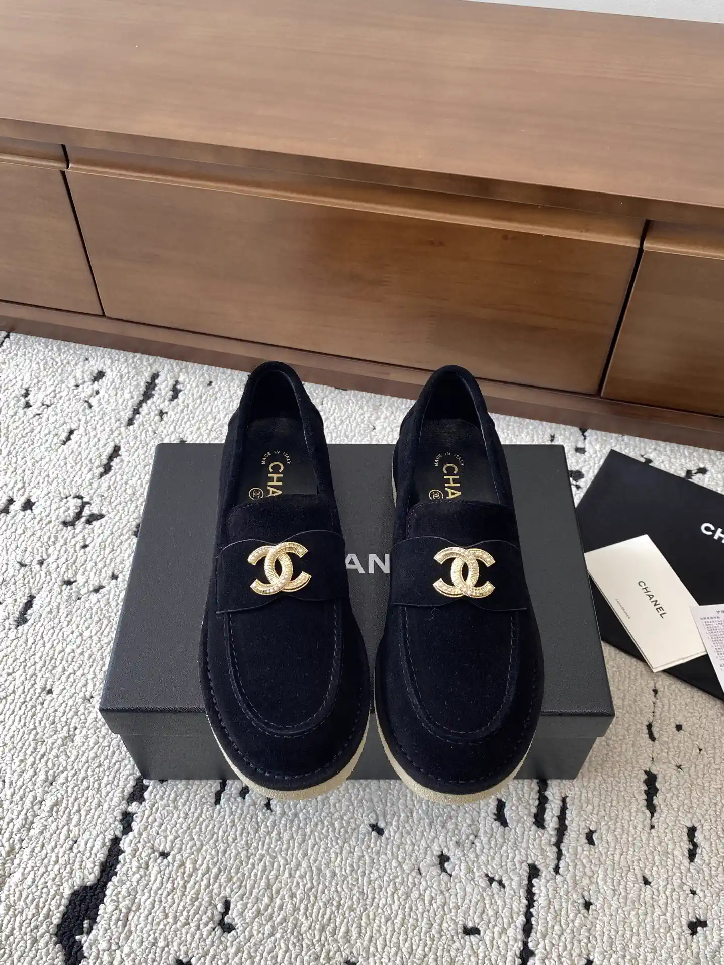 CHANEL Black Suede Loafers with Gold CC Buckle image 1