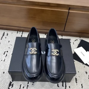 CHANEL Black Leather Loafers with CC Logo image 1