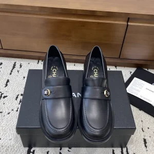 Women's Black Leather Loafers with Gold Button Detail image 1
