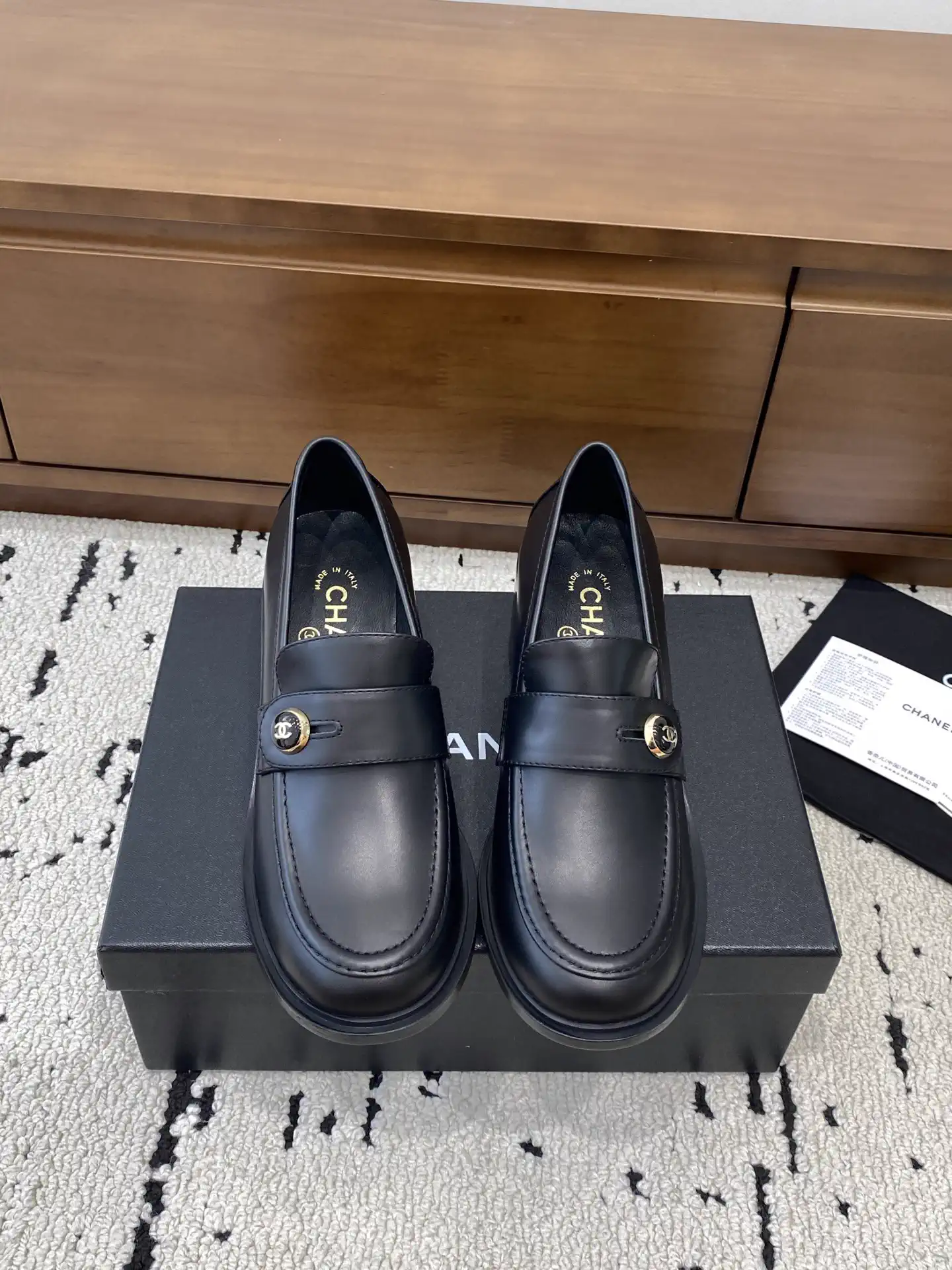 Women's Black Leather Loafers with Gold Button Detail image 1