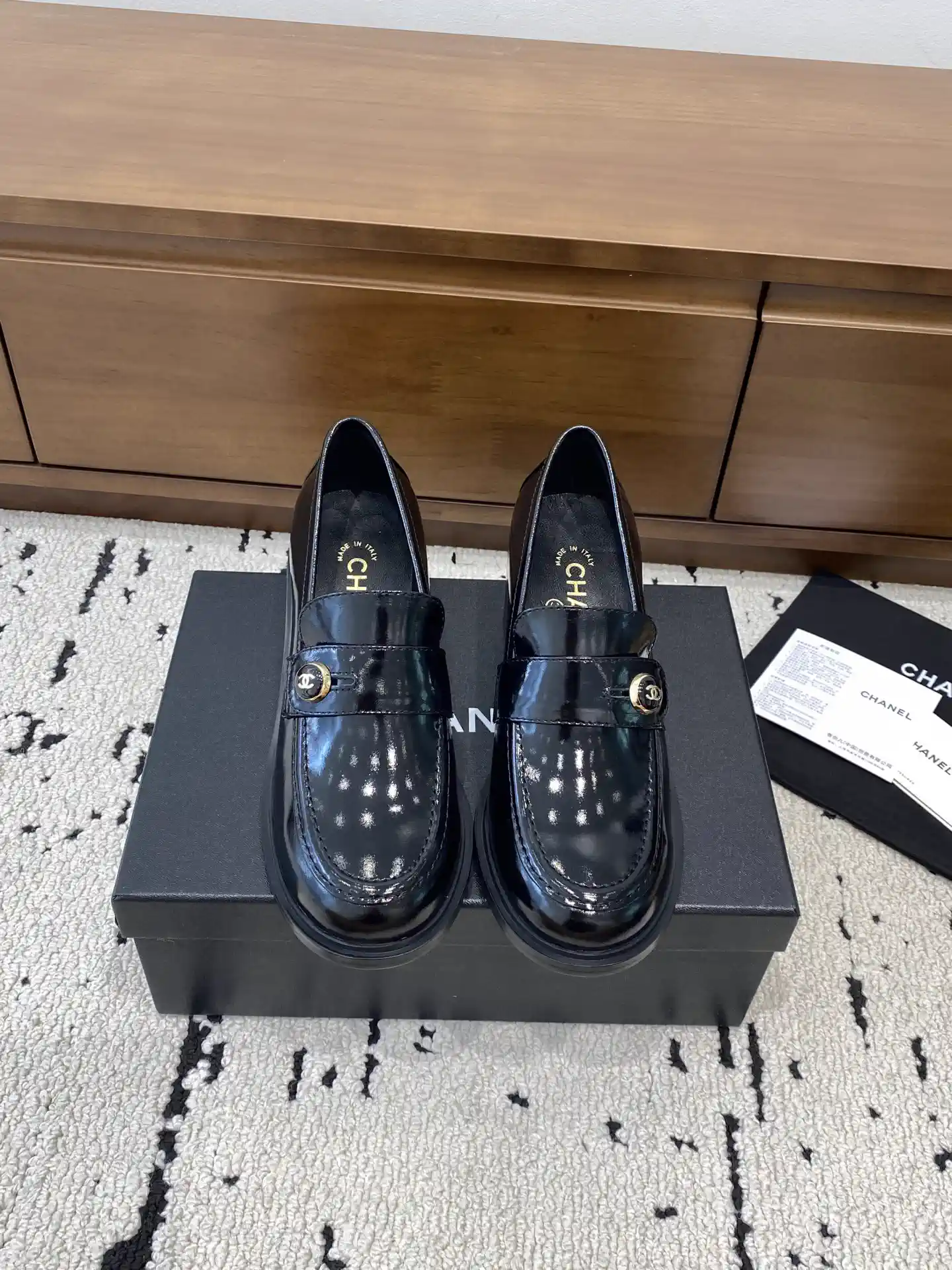 Women's Patent Leather Chunky Heel Loafers with Button Detail image 1