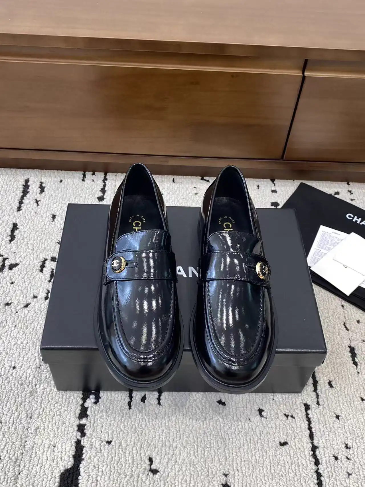 Women's Patent Leather Loafers with Decorative Button image 1