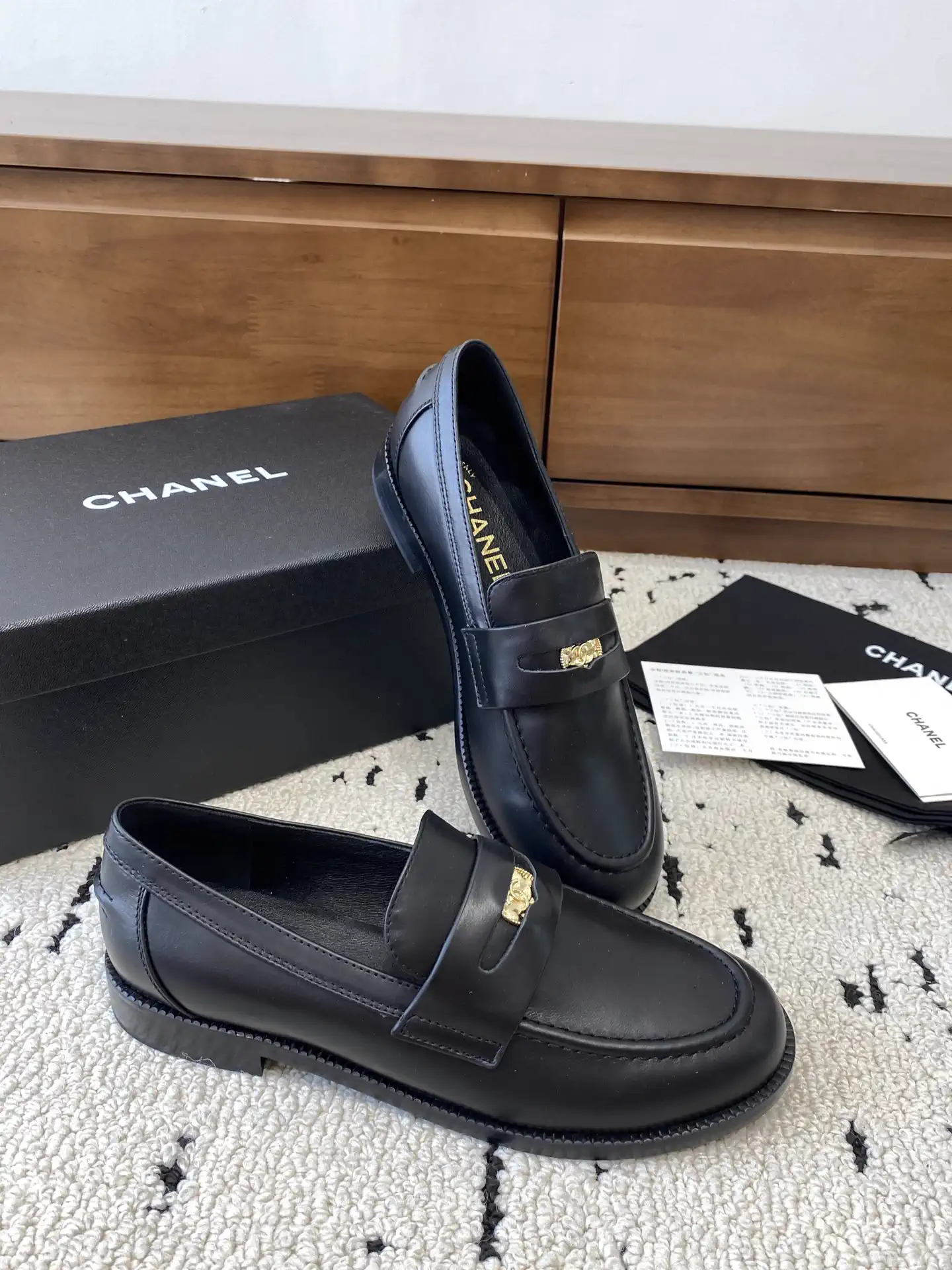 Black Leather Loafers with Gold Accent image 1