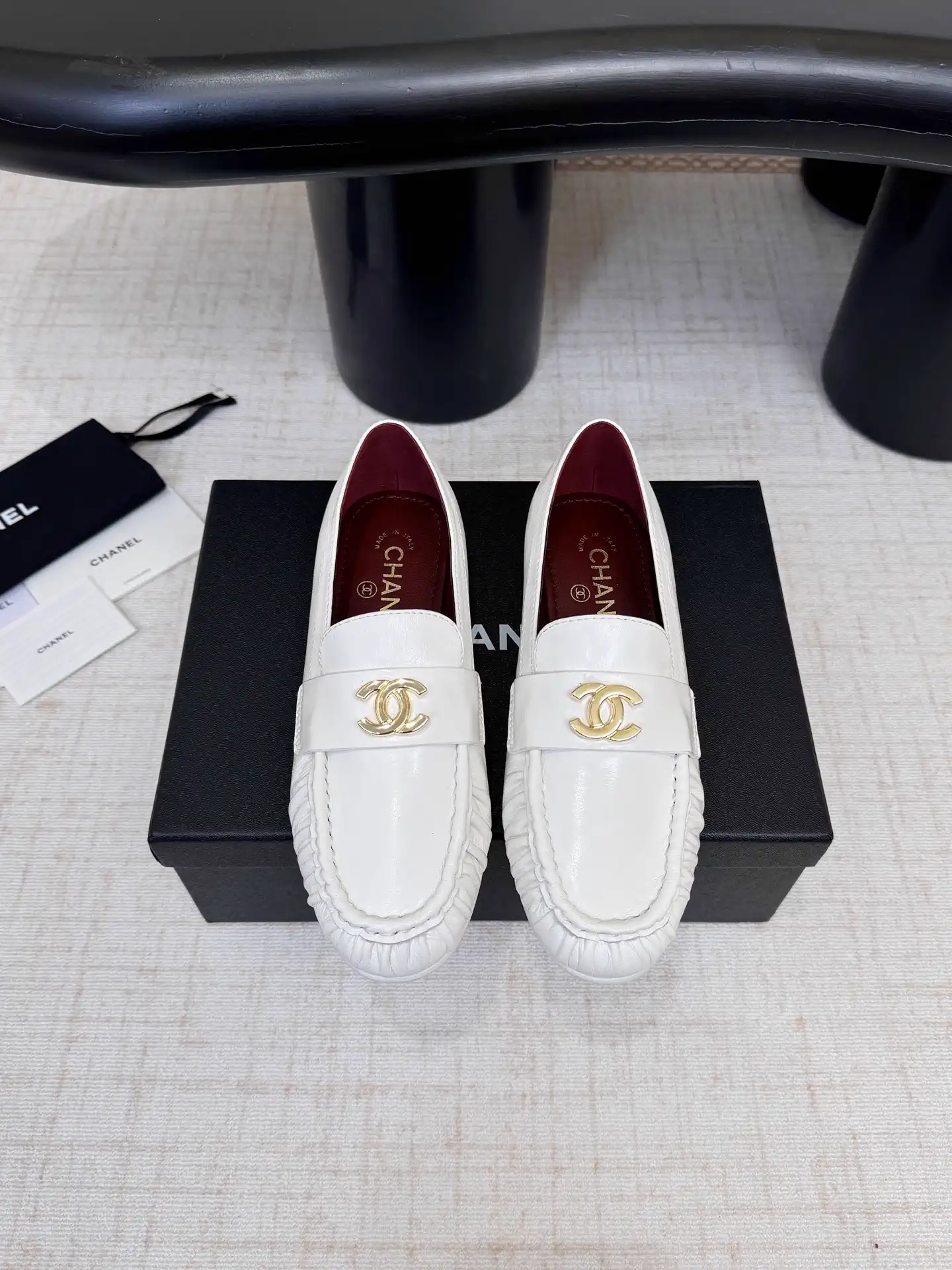 White Leather Loafers with Gold Logo Accent image 1