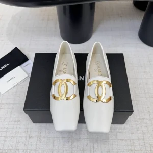 White Square Toe Loafers with Gold Interlocking Buckle image 1